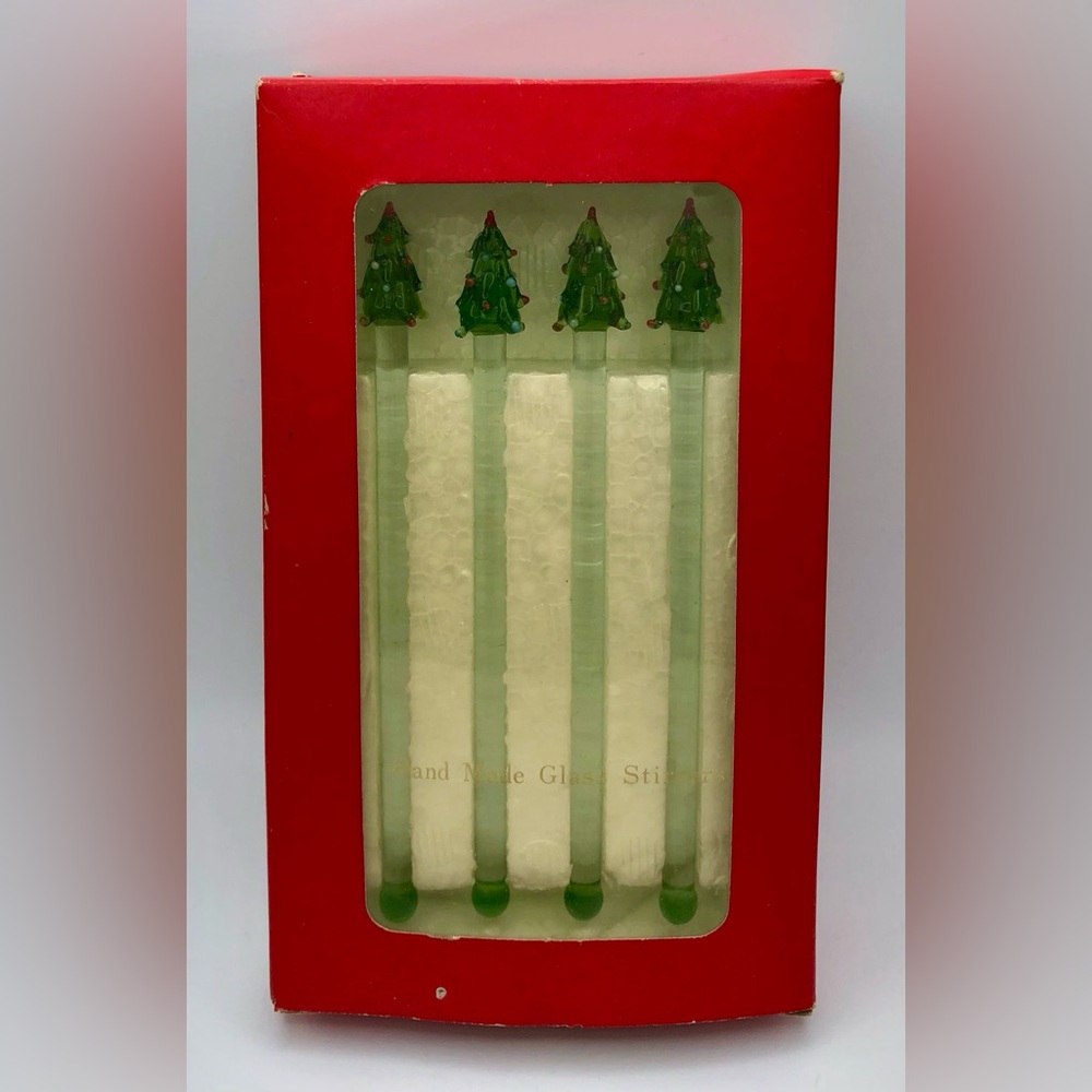 VTG Glass Christmas Tree Swizzle Stirrers Drulane Design Towle Handmade Set of 4